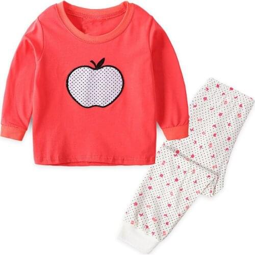 27kids Girls Cotton Pajamas Sets Toddler Babys Home Clothes Red Apple Pattern Long Sleeve kids Sleepwear 2-7Years