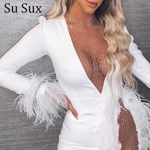 Feather Bodycon Mini Dress Sexy Mesh Patchwork Long Sleeve Party Dress Deep V-Neck Bandage Night Club Dress Vestidos African