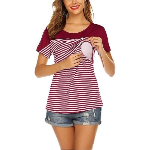 Striped Maternity Blouse Women Maternity Short Sleeve Layer Nursing Shirt Top For Breastfeeding Pregnant Shirt Ciążowe