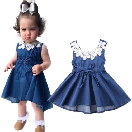 Dropshipping Princess Kids Baby Girls Party Denim Dress Pageant Lace Sundress Clothes