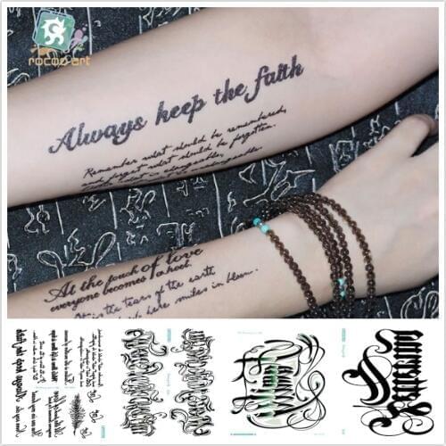 Rocooart QC 21x10CM English Words Tattoo Stickers Black Letters Fake Tattoo Body Art Waterproof Temporary Taty Arabic Tatouage