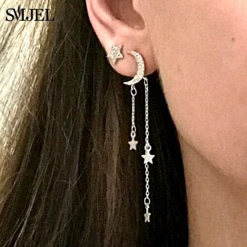 SMJEL Korean Crystal Moon Stars Tassel Earrings Women Asymmetry Jewelry New Fashion Elegant Party Accessories Gift