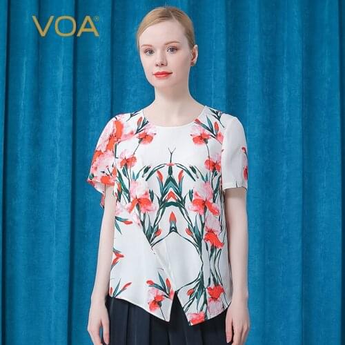 VOA Silk O-Neck Printing Asymmetrical Floral Straight Casual Short Sleeve T-shirt BE535 Woman Tshirts Summer Tops for Women 2021