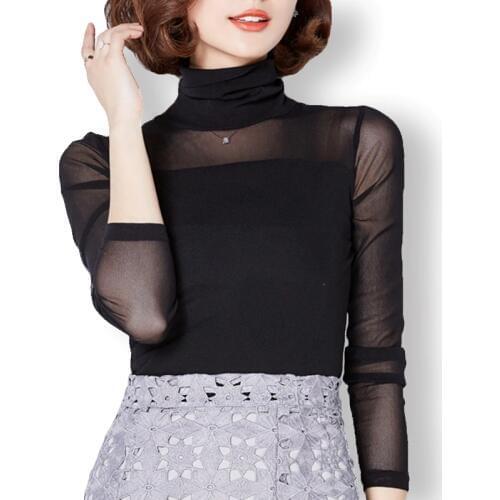 Shirt Tops Sexy Black Lace Blouse Women Turtleneck Shirt Elastic Ladies Tops Womens Casual Blouses Solid Blusas