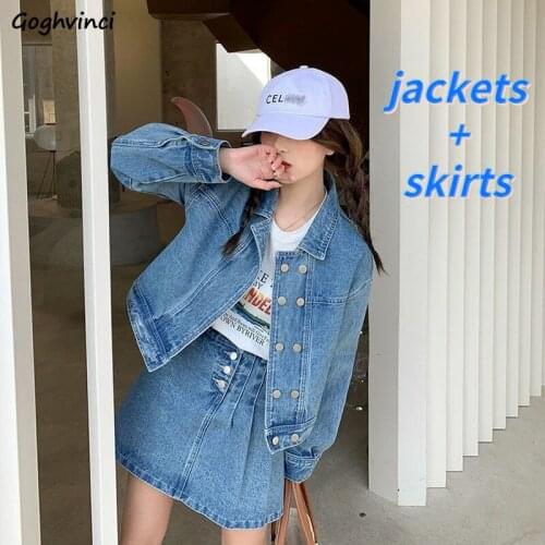 Sets Women 2 Pieces Loose Long Sleeve Jackets A-line Mini Skirts Denim Preppy Casual Teens Girlish Korean Style New Hot Sale Ins