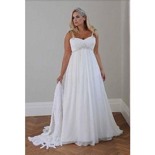 Plus Size Casual Beach Wedding Dresses 2020 Spaghetti Straps Beaded Chiffon Floor Length Empire Waist Elegant Bridal Gowns