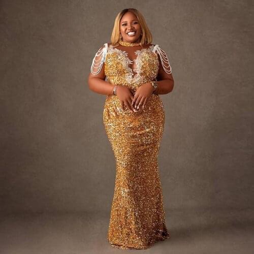 2021 Plus Size Arabic Aso Ebi Gold Evening Dresses Lace Beaded Sheer Neck Evening Party Gowns Sequine Prom Wear