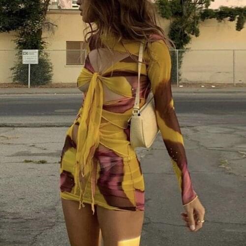 YiYiMiYu Y2K Aesthetics Printing Sexy Hollow Out Bandage Front Party Dresses Vintage E-girl O-neck Transparent Long Sleeve Dress
