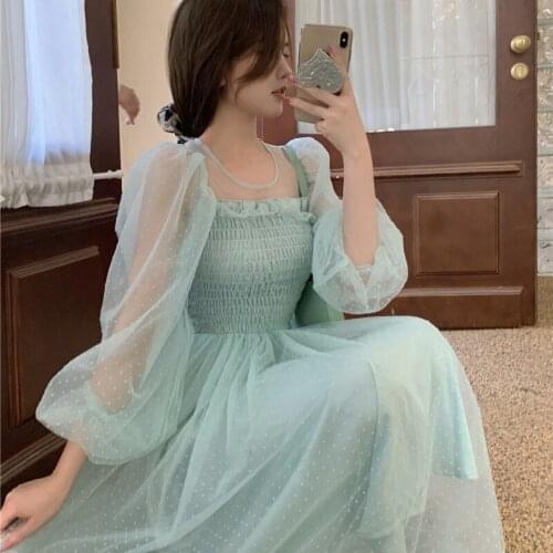 2021 Women Super fairyautumn Dress Vintage ElegantSquare collar Dress Solid Puff Sleeve Lace Voile Mesh Banquet Dress Women