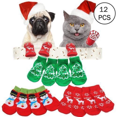 3 Pairs Christmas Pet Shoes Anti Slip Soft Cotton Dog Socks Warm Reindeer Snowman Tree Snowflake Pattern Dog Socks for Party