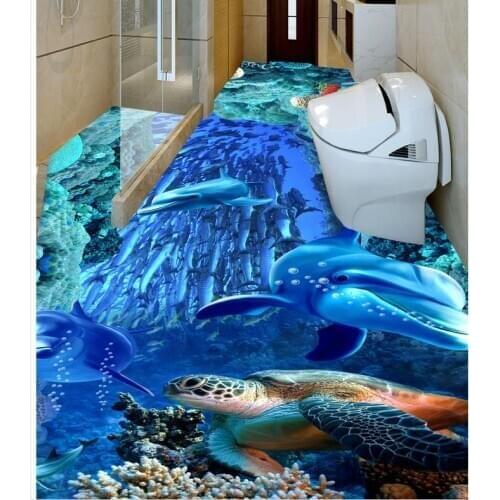3D Wallpaper 3D Floor Modern Art Ocean World Dolphin Floor Tiles Floor Painting Self-adhesive PVC Wallpaper 3D Floor