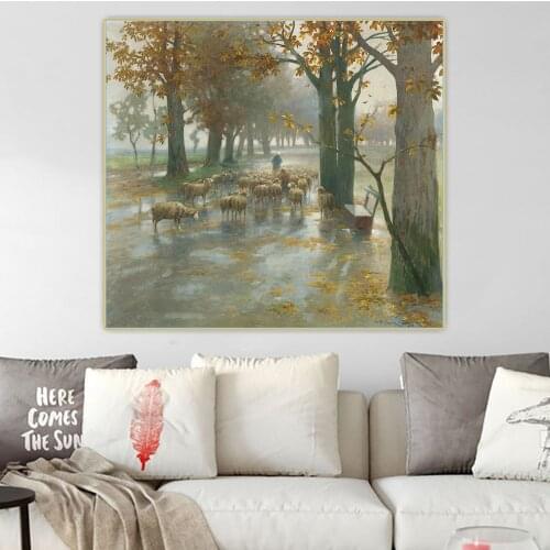 Adolf Kaufmann《Flock of Sheep with Shepherdess on a Rainy Day》Canvas Oil Painting Aesthetic Wall Hanging Decor Home Decoration