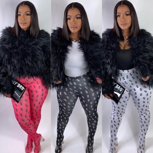 Echoine Letter Print Skinnt Pants Women Fitness High Waist Leggings Sporty Streetwear Dollar Print Trousers Sexy Pants Retro