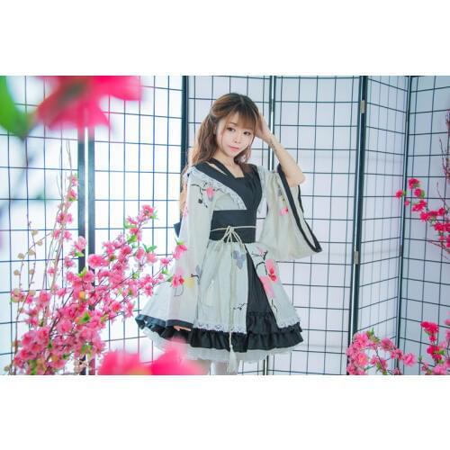 Shanghai Story Cotton Flower Printing Lace Edge Kimono Yukata Maid Dress Anime Lolita Sets Meidofuku Uniform Outfit