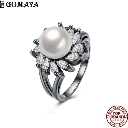 GOMAYA Flower Design Inlaid Shell Pearl Rings For Women Trendy Personality Ring Fit Festival Birthday Jewelry Gift To Girlfriend