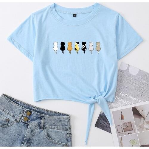 Cats Animal Lover Graphic Tees Cat Shirt Summer Women Short Sleeve Cotton Crop T-shirts Tee Tops Cropped T-Shirt with Front Knot