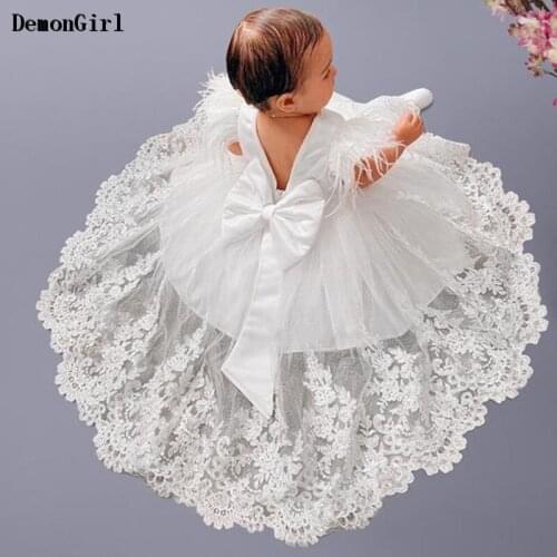 New White Infant Baby Girls Birthday Party Dress Feather Applique Lace Princess Tutu Wedding Party Gown Photography