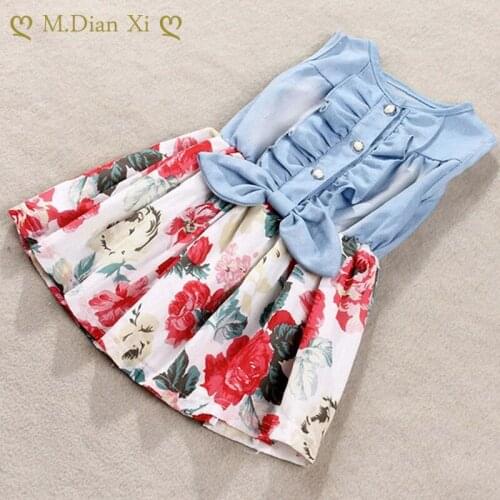 Summer Girls Dress Princess Denim Floral Stitching Sleeveless Dresses Bowknot Ruffle Dress for Girl Clothes 3 4 5 6 7 8 9 Years