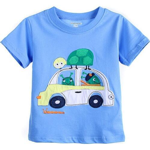 Little Maven New Summer Kids Clothing Short O-neck Blue Knitted Applique Cars and Tortoise Cotton Quality Boys Casual Tshirt