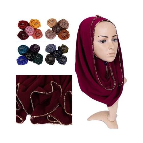 Fashion Bubble Chiffon Scarf Gold Chain Hijab Shimmer Shawls High Quality Muslim Plain Scarves Wrap Headband 180*70cm 1PC Retail
