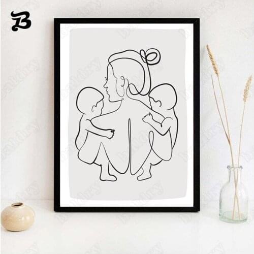 Moder Abstract Art Line Posters Minimalist Wall Canvas Print Painting a Mom Holding Two Babies Pictures for Bedroom Home Decor