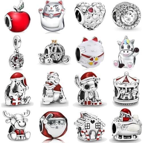 Trendy Christmas Elk Santa Hat House Charm fit Pandora Charms Silver Color Womens Bead DIY Bracelet for Jewelry Making