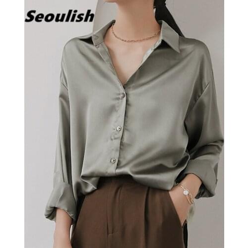Seoulish 2021 New Elegant OL Style Satin Formal Womens Blouse Turn-down Long Sleeve Shirts Female Workwear Tops Spring Autumn