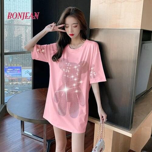 2021 New 100% Cotton Beading Bear Women pink T-shirt kerean Oversize Short-Sleeved Women kawaii clothes