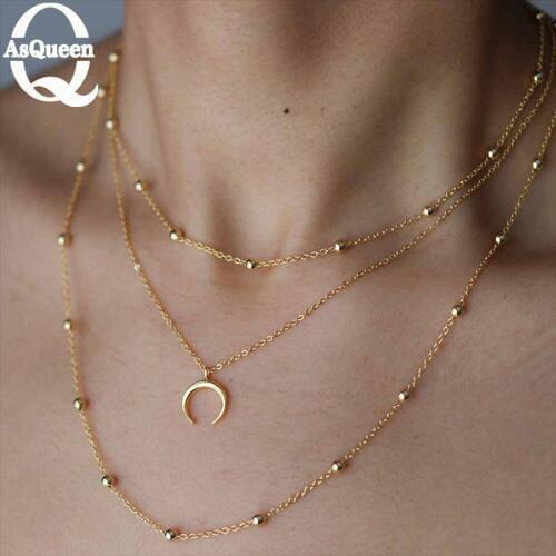 New Fashion 3 Layer Double Horn Necklace Crescent Moon Necklace Boho Copper beads multi-layer necklace Gift
