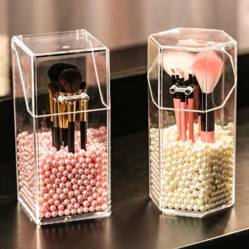 Acrylic Makeup Brush Holder with Dustproof Lid Hexagon Cosmetics Organizer for eyebrow pencil/Cosmetic Pen 300g Beads Optional