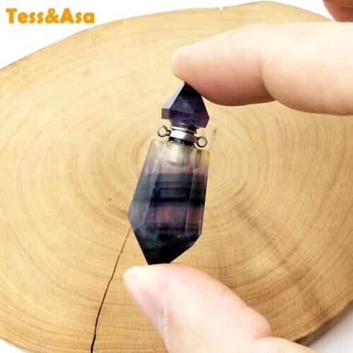 Natural rainbow Fluorite Perfume Bottle Gems Stone Diffuser Fashion vial pendant Faceted Pagoda Pyramid Cap charm for necklace