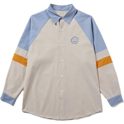 Splicing Smiling Face Shirt Mens Long Sleeve Autumn Ruffian Handsome Ins Japanese Casual Shirts Loose And Enlarged