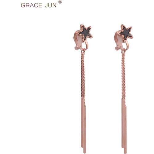 GRACE JUN 2 Colors Available Star Clip on Earring for Women Korea Style Long Tassel Without Pierced Earrings No Hole Earrings