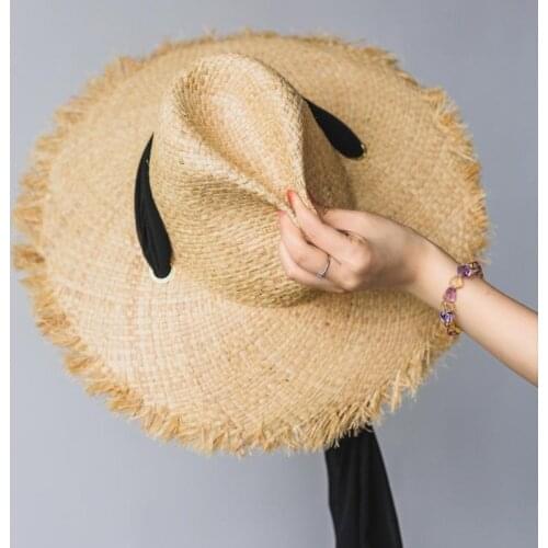 2019 summer Lafite sun cap ladies black ribbon hand-woven 100% straw hat visor big side outdoor beach hat Chapeu Feminino