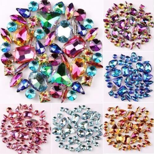 Silver claw settings 50pcs/bag shapes mix rainbow & jelly candy AB glass crystal sew on rhinestone wedding dress shoes bags diy