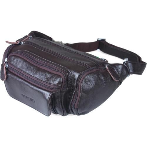 TIDING Utility pouch Money holder Shoulder Black leather waist pack Mens casual bag 3046