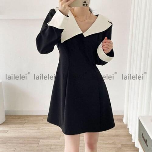 Patchwork Turn-Down Collar Black Dress Mini A-Line Dresses For Women Autumn Elegant 2021 Spring Long Sleeve Robe Femme Chic Jurk