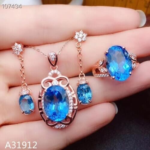 KJJEAXCMY Boutique jewelry 925 Sterling Silver Natural Blue Topaz Gem Girl Necklace Pendant Ring Earrings 3 Piece Set Free Shipp