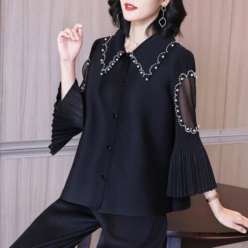 Miyak Pleated Beading Turndown Collar Flared Sleeves Jacket Women Autumn Solid Color Loose Plus Size Elegant Ladies Outerwear