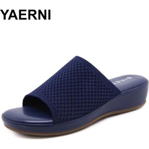 YAERNI new Women shoes knitting Slippers Beach Wedge Ladies Sandals Slip On Thick Bottom Retro Female Slippers platform sandals