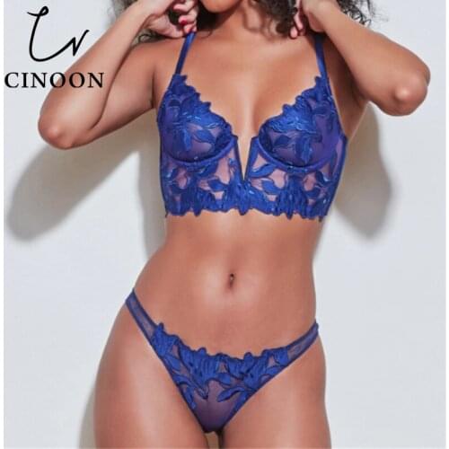 CINOON Women Sexy Bra Set Ultra Thin Underwear Set Deep V Low Cut Bralette Push Up Brassiere French Embroidery Female Lingerie