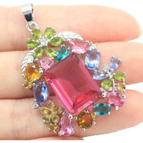 34x22mm SheCrown Flowers Shape Created Green Peridot Pink Kunzite Bright CZ For Ladies Silver Pendant Eye Catching