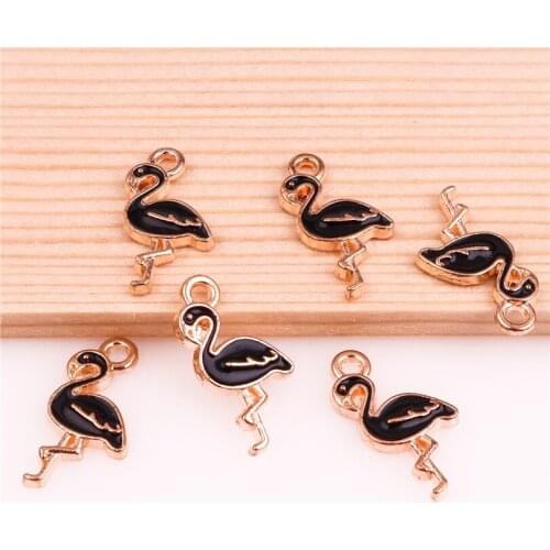 50pcs 17*10mm Golden alloy enamel Black flamingo animals pendant Charm For DIY Jewelry Accessories Finding Making Necklaces