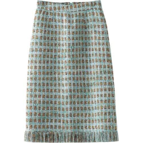 A-line Superior Tweeds Midi Skirt Female Autumn Spring Colorful Blue Green Wool Blends Skirts High Waist Tassels Tailor Custom