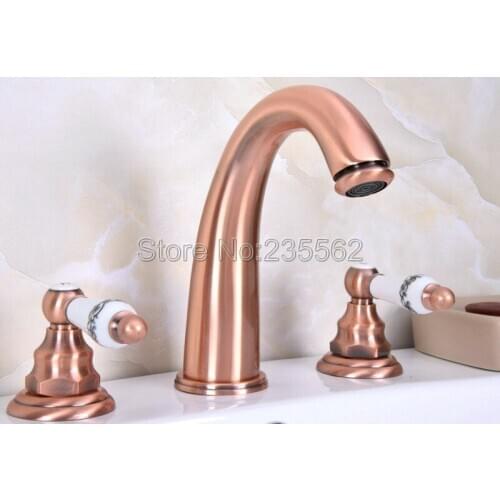 Antique Red Copper Deck Mount Bathtub Mixer Tap 3 Holes Widespread Dual Ceramic Handles Bathroom Sink Faucet LRG026