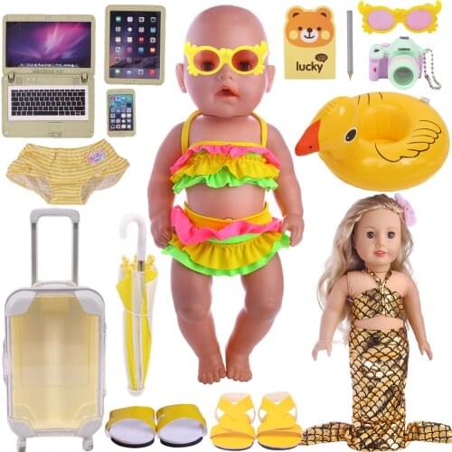 Free Shipping Doll Clothes 14 Pcs/Lot Yellow Dress Mermaid Princess For 43Cm Baby Reborn&18Inch American Doll Girls,Accessories