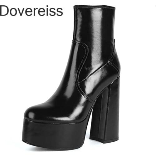 Dovereiss Fashion Female Boots Winter Sexy Elegant Zipper Waterproof Genuine Leather Brown Chunky Heels New Ankle Boots 33 40