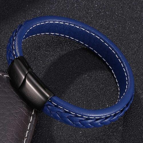 Bracelets for Men Jewelry Blue Leather Bracelet 3 Colors Stainless Steel Magnetic Clasps Personality Male Wrist Band Gifts 0019
