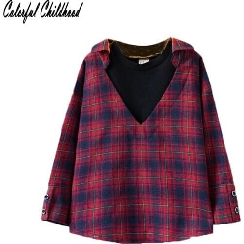 Kid Girls Blouses Red Plaid Fake Two Pieces Tops&blouses Toddler Girls Autumn Spring Match Bottoming Shirt Childrens Clothing