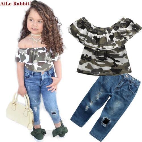 AiLe Rabbit INS New Fashion Girls Clothing Sets Camouflage T Shirt Jeans 2pcs Suits Childrens Hole Pants Kids Popular k1